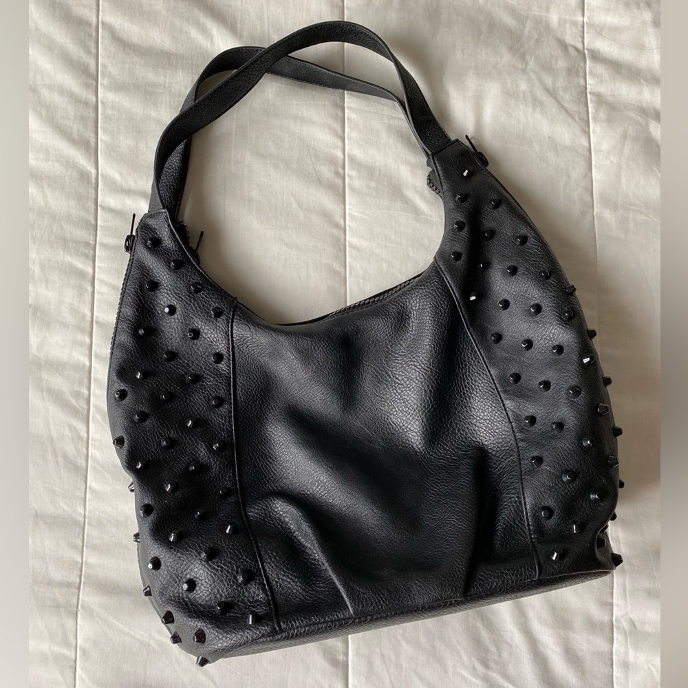 Black faux leather studded shoulder bag